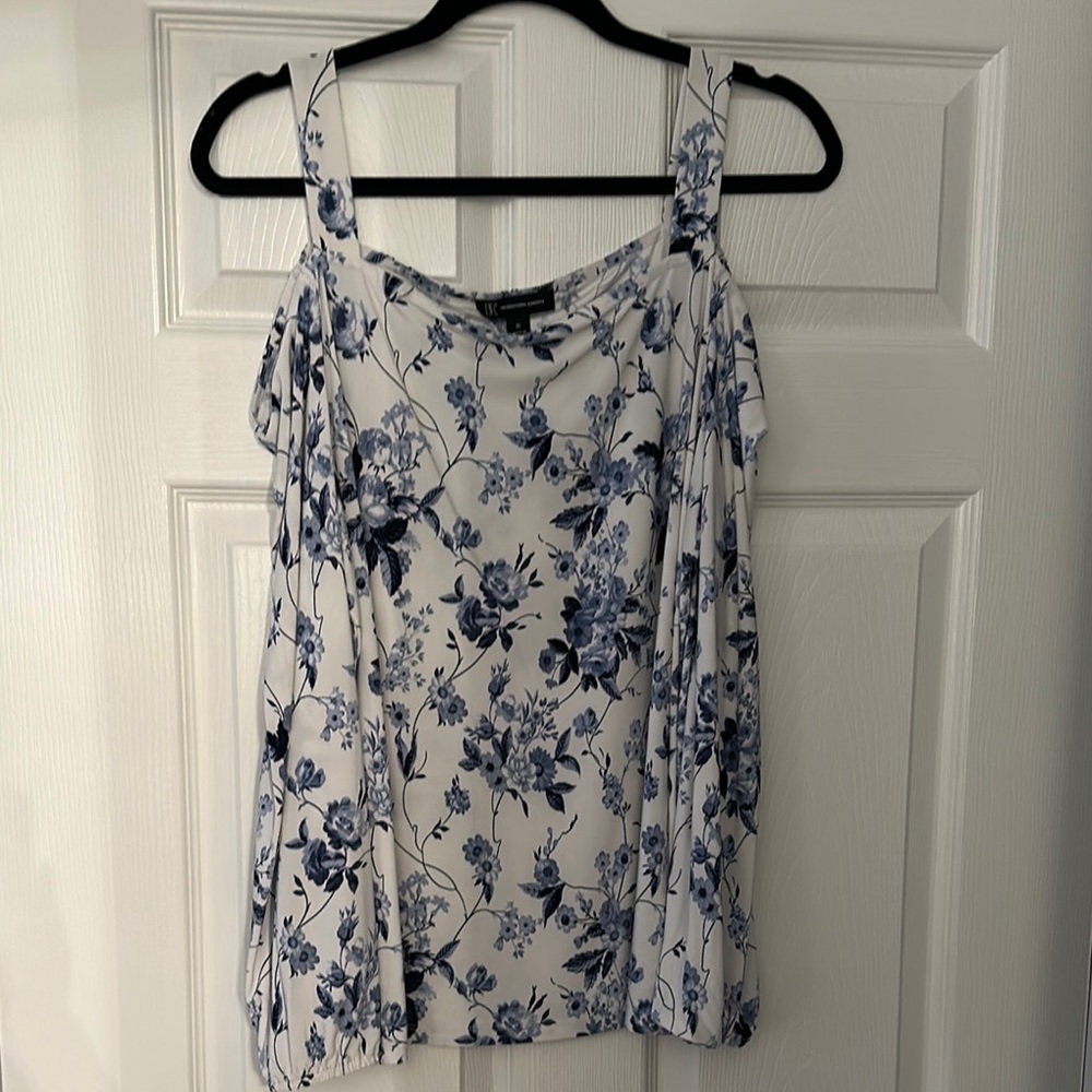 INC Floral Blue and White Long Sleeve Cold Shoulder Top
